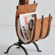 Vintage leather magazine rack with shelf and brutalist/rustic ashtray.