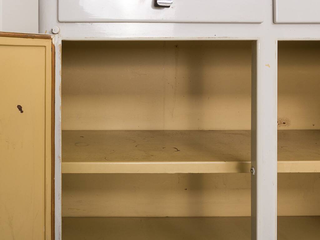 Industrial metal trade furniture equipped with display cases