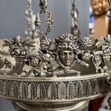 Large, rare antique chandelier in solid silver-plated bronze, Empire style, 12 light points.