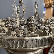 Large, rare antique chandelier in solid silver-plated bronze, Empire style, 12 light points.