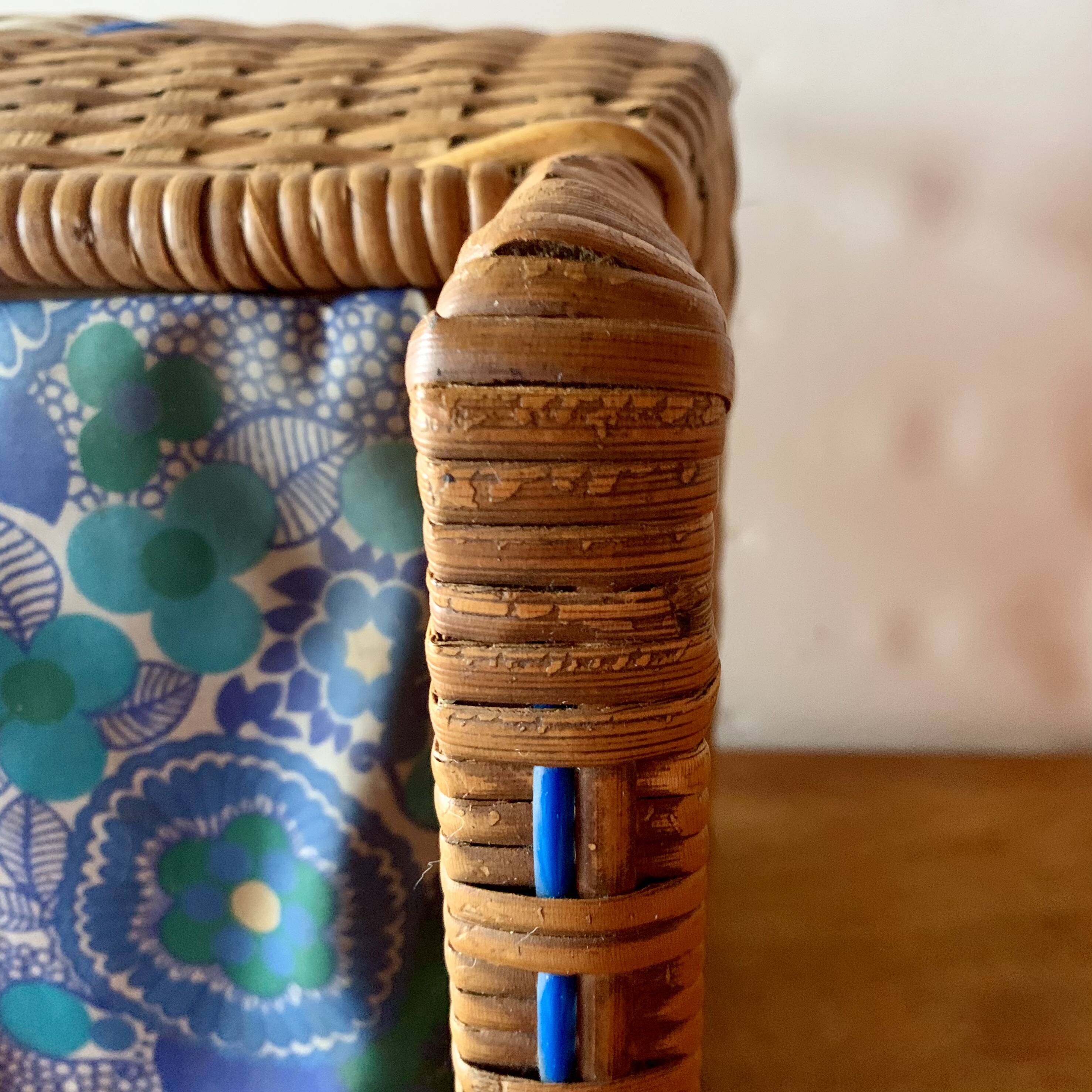 Large vintage rattan and wicker sewing basket with fabric seat