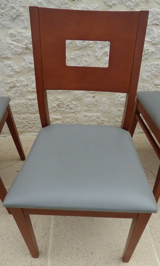 Set of 6 cherry wood style chairs with gray imitation leather seat