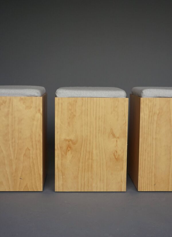 Vintage plywood stools with gray cushions, 1990s, set of 4