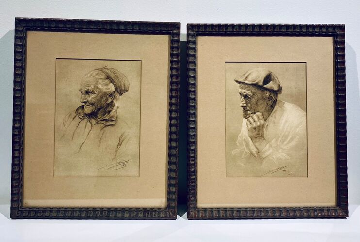 Tableaux anciens, portraits d’un couple d’auvergnats daté 1929 , signé