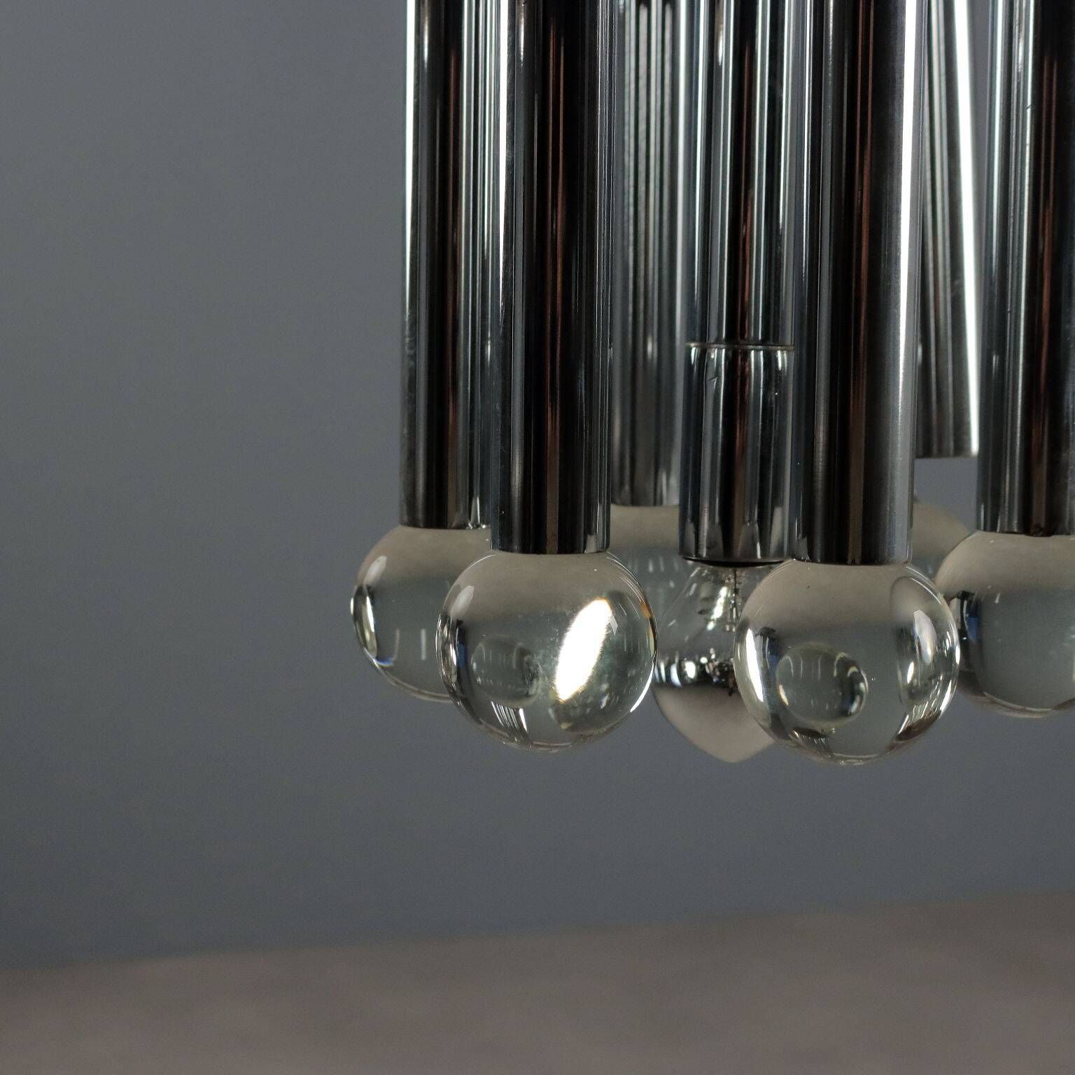 Vintage Italian chandelier, chrome-plated metal and glass design, original