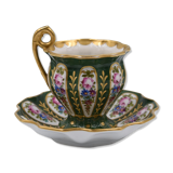 Très grande tasse en porcelaine de Limoges décor de fleurs fond vert fait main signée