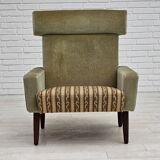 1970s, Danish armchair, original condition, furniture velour, woven wool fabric, teakwood.