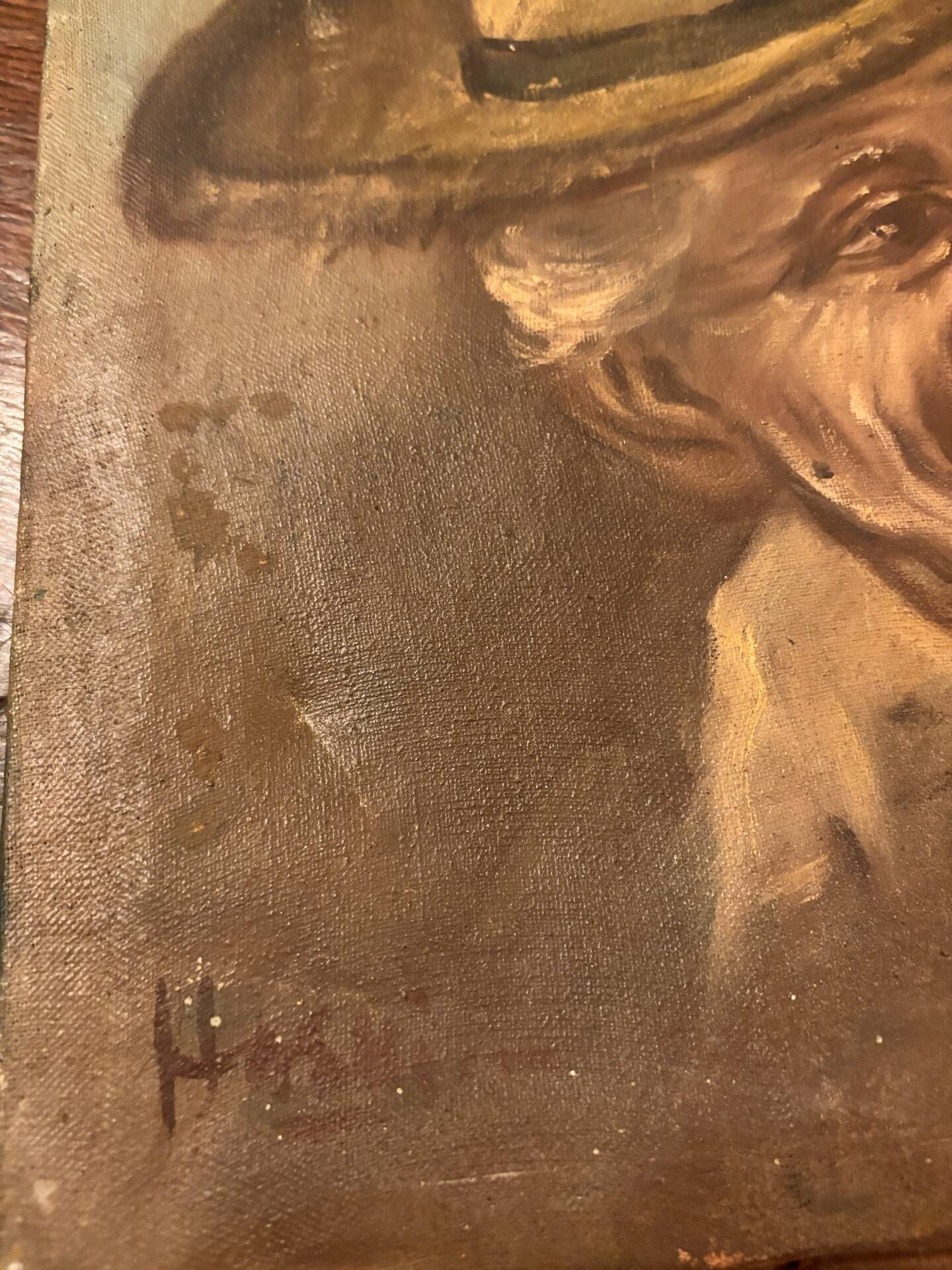 Old Table Oil on Canvas: Portrait of a Man in a Hat
