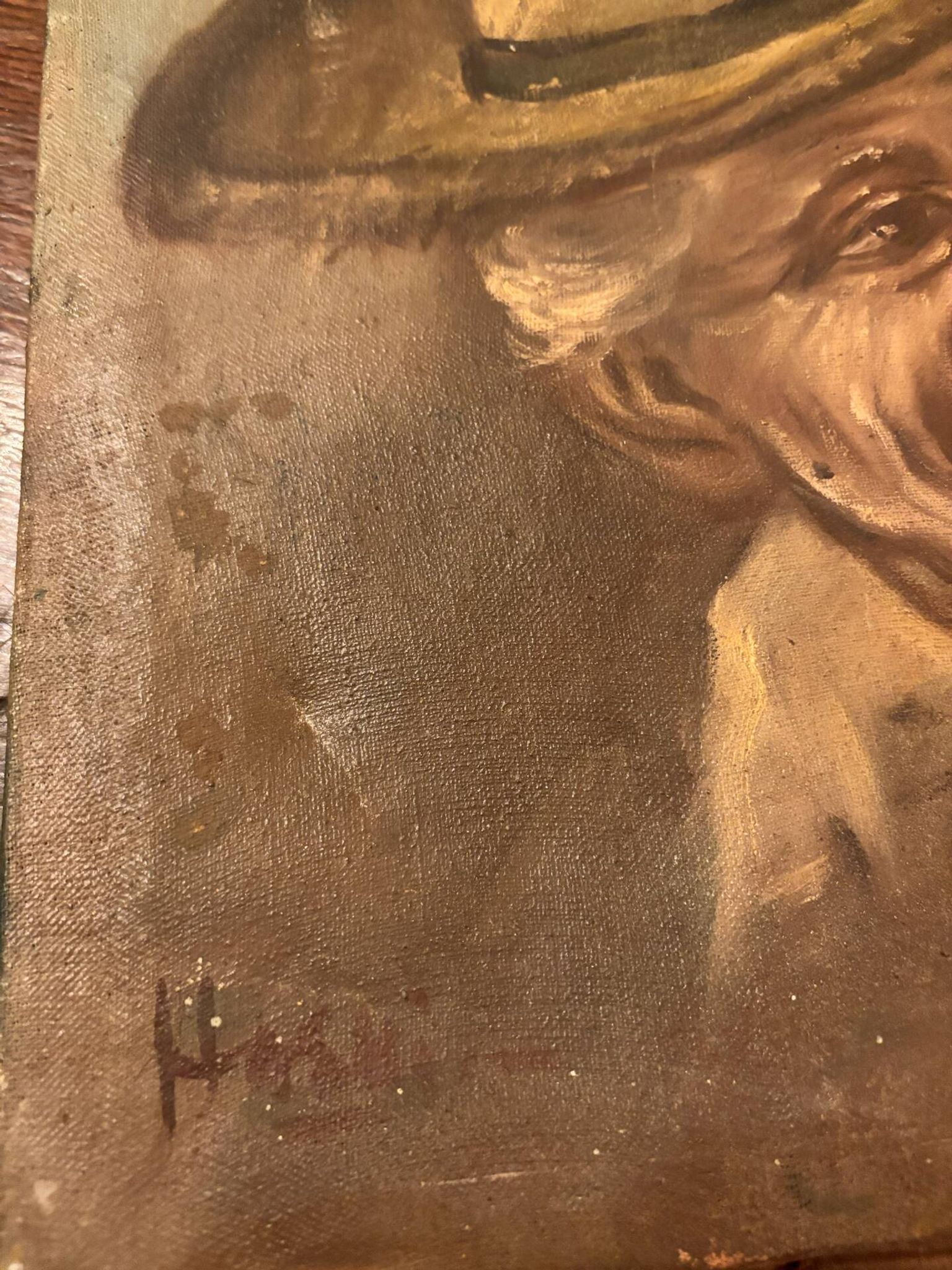 Old Table Oil on Canvas: Portrait of a Man in a Hat