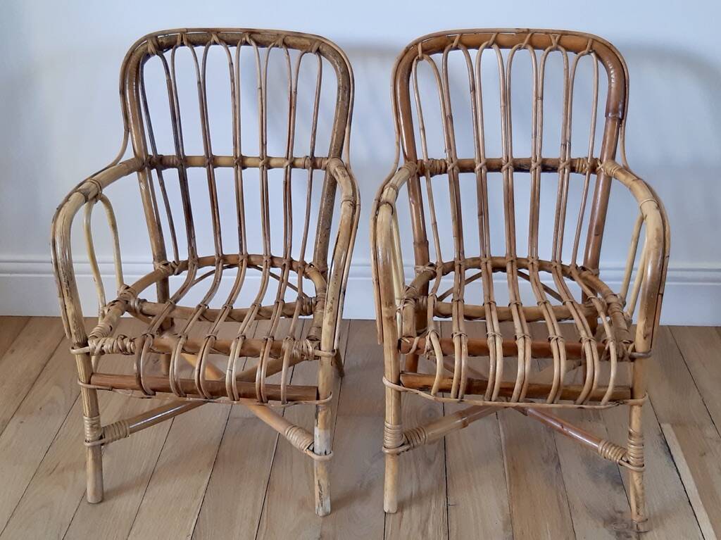 Pair of children's armchairs in rattan / bamboo honey color 60s