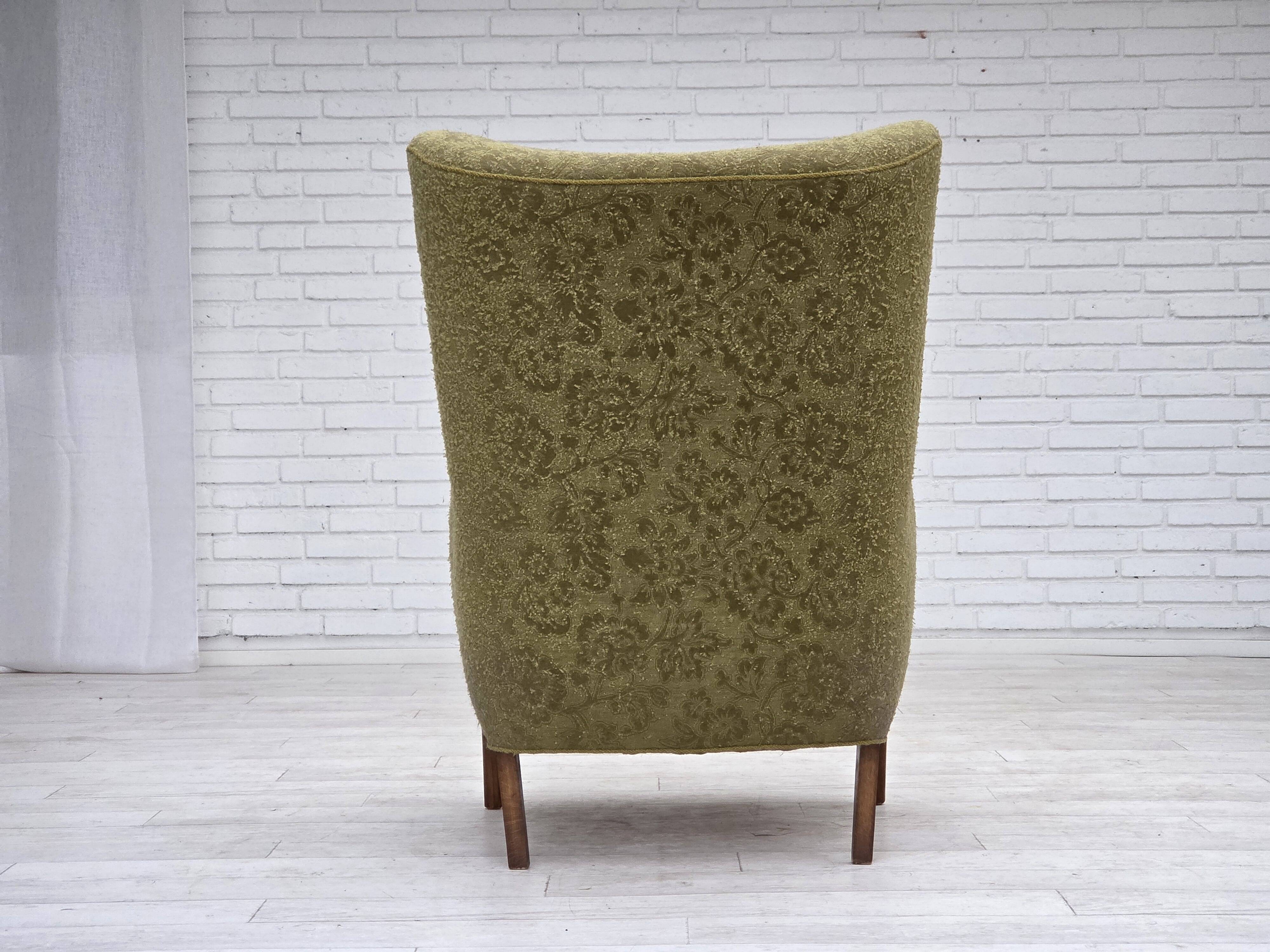 1960s, Danish armchair, original green furniture velour, ash wood
