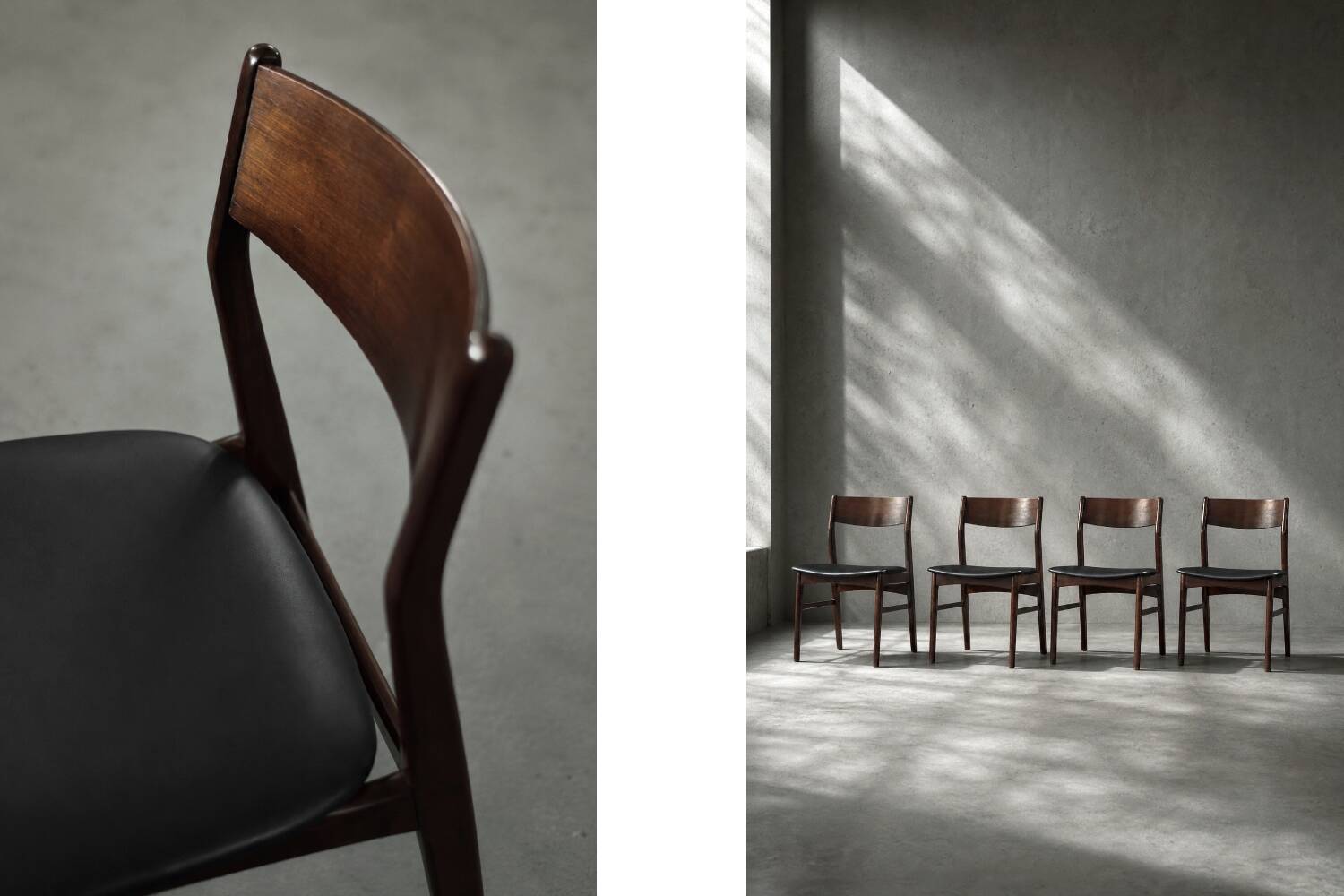 Ensemble de 4 chaises de salle à manger scandinaves modernes des années 50 en hêtre et palissandre.