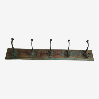 Wooden school coat rack with cast iron hooks