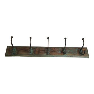 Wooden school coat rack with cast iron hooks