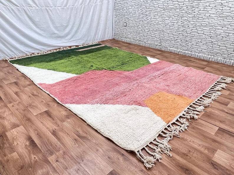 Handmade Berber wool rug, green and pink, 150/250cm