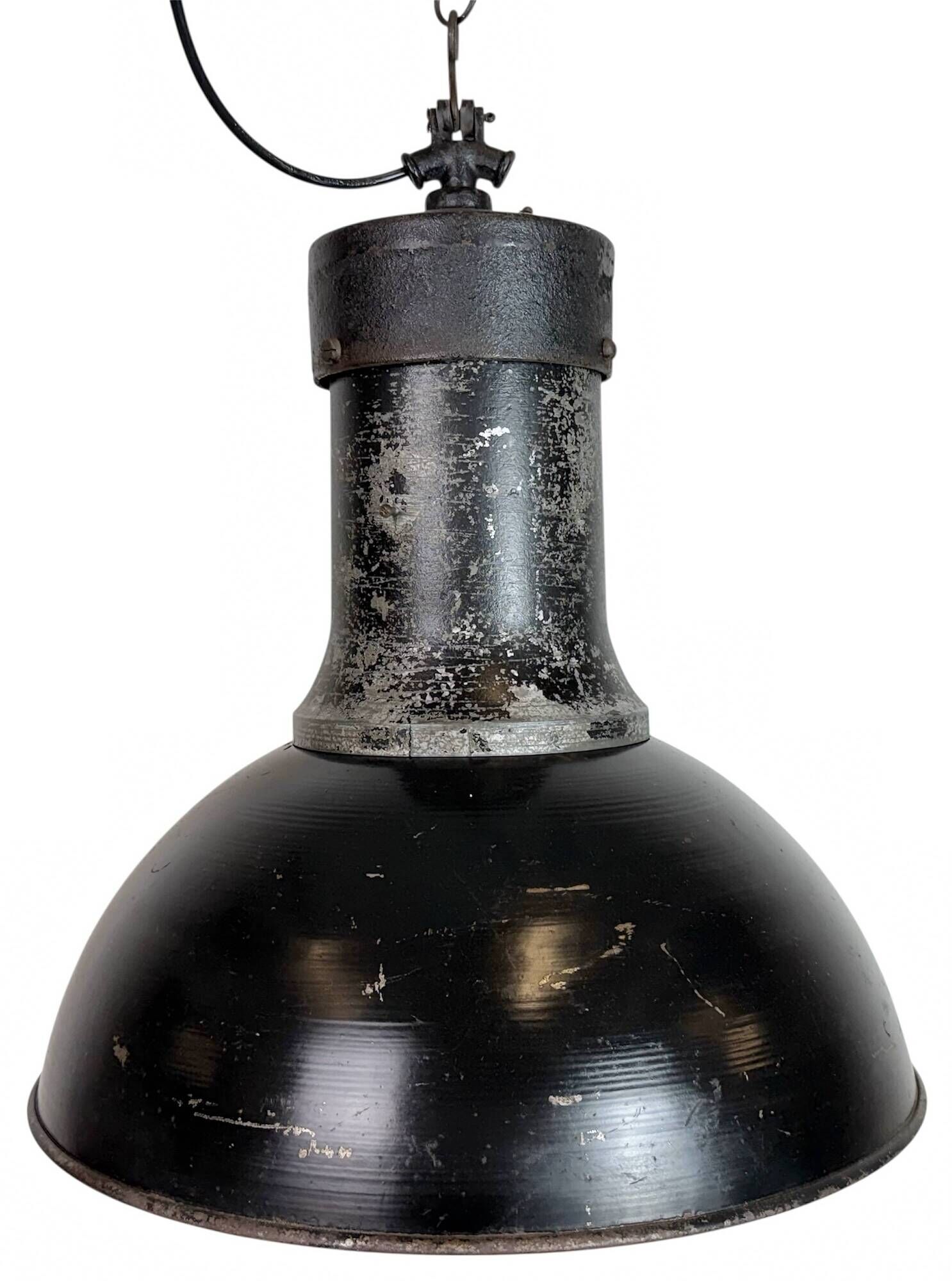Large Industrial Factory Black Pendant Lamp with Cast Iron Top, 1950s
