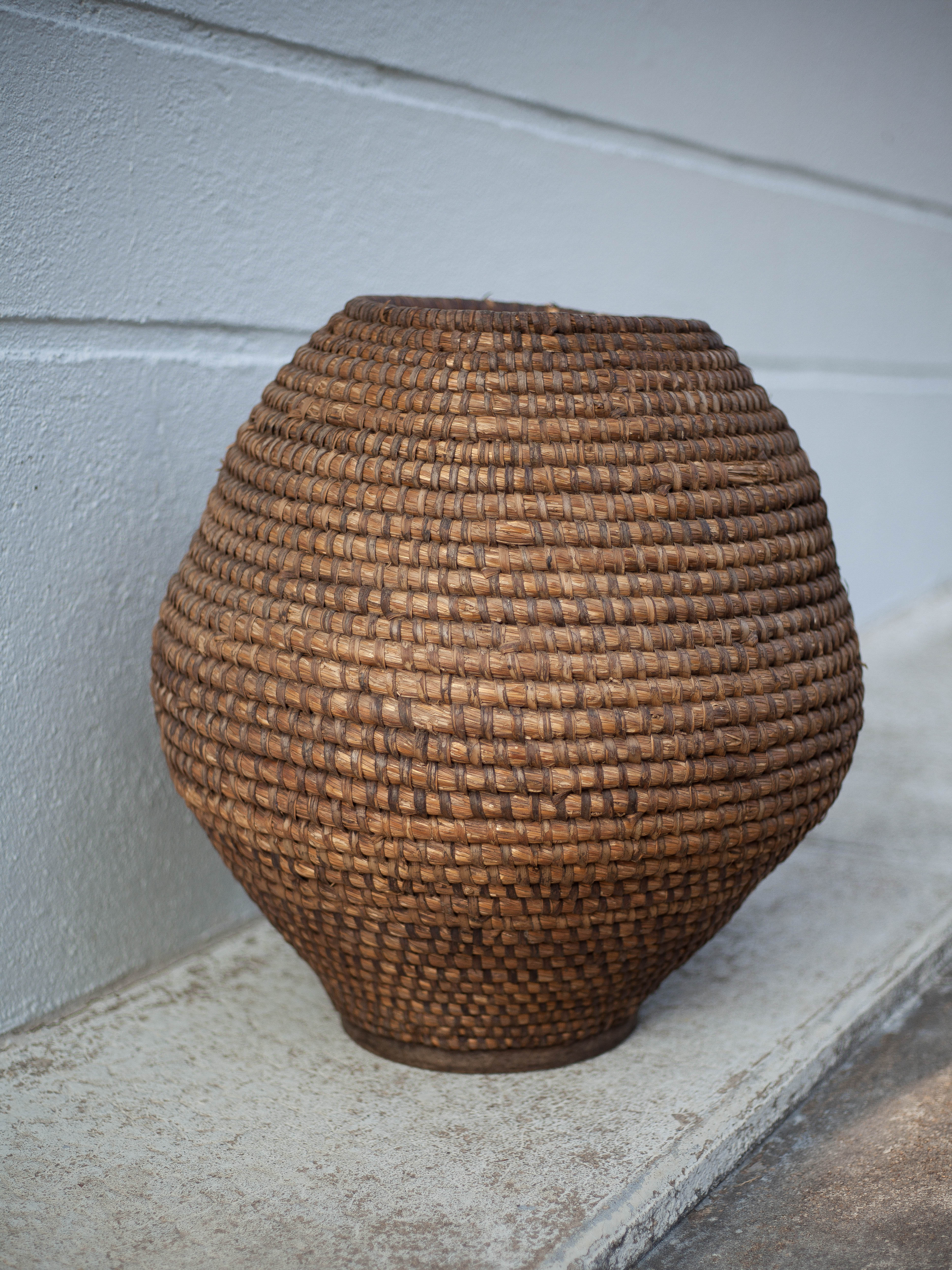 Old basket, straw and brabble, woven basket, interior decoration