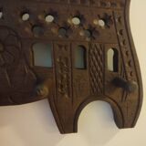 Brutalist style carved wooden coat rack with four hooks
