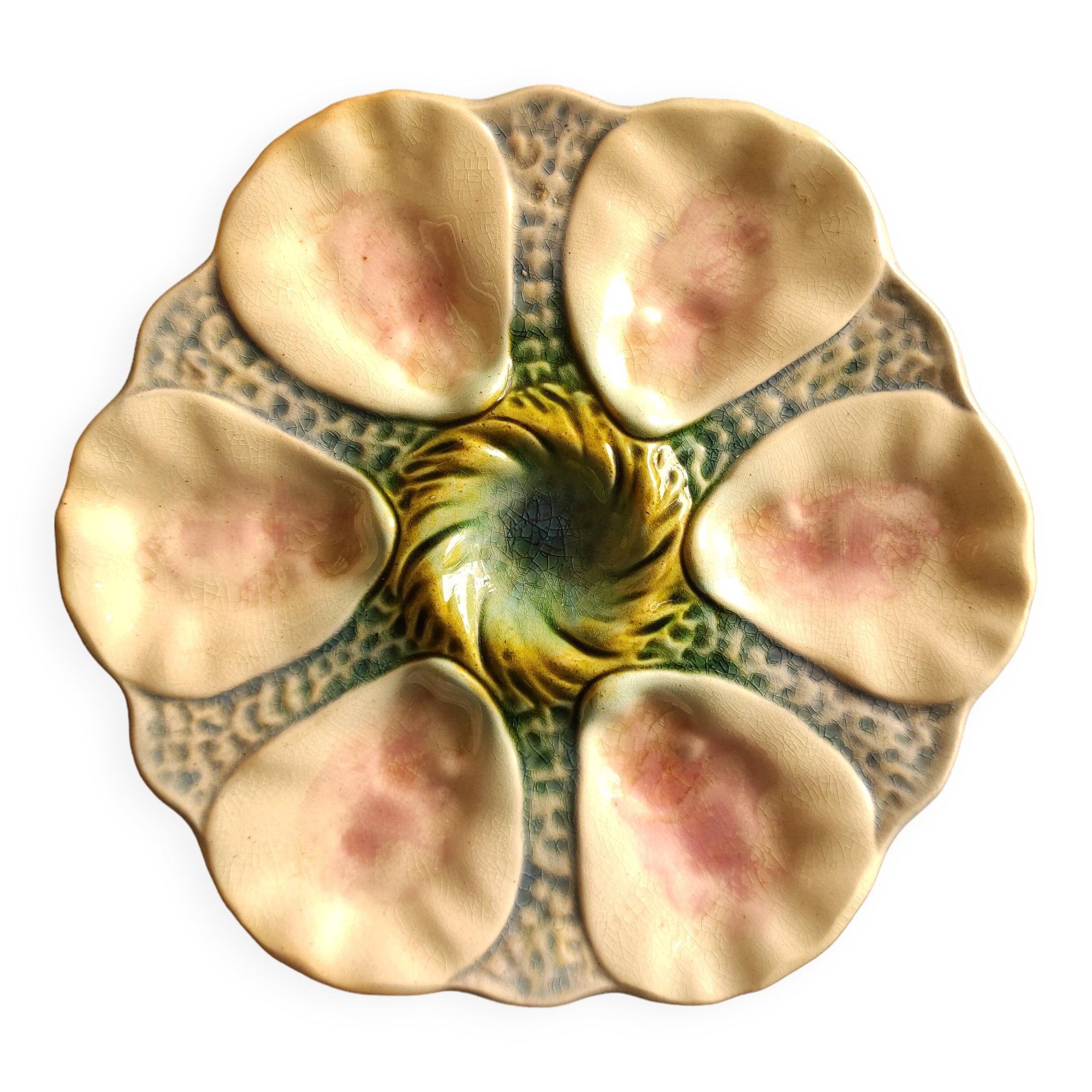 Rare antique French Oyster Plate in Majolica, faïence rustic Provençal