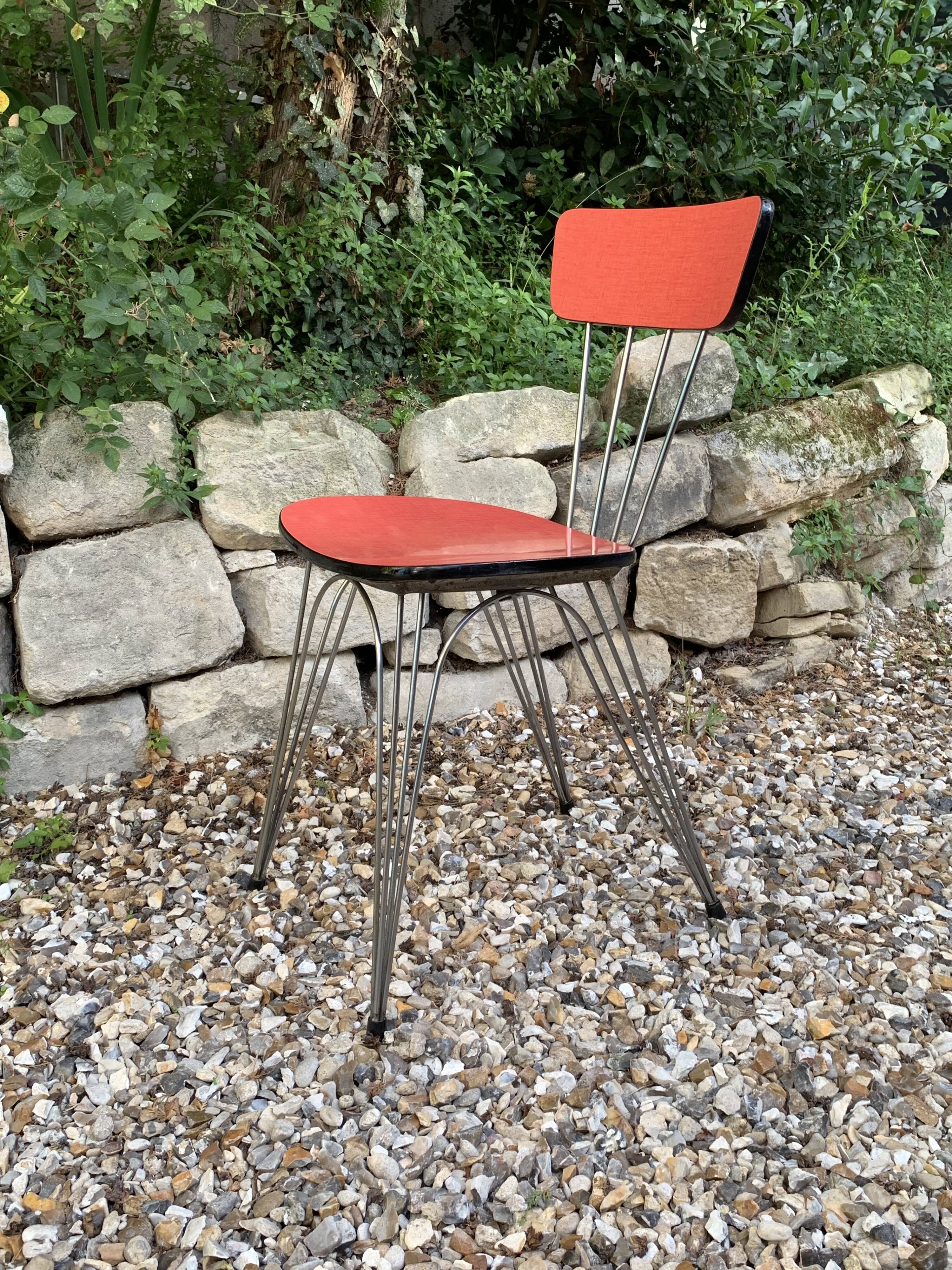 4 red Formica chairs with Eiffel legs, 1950s