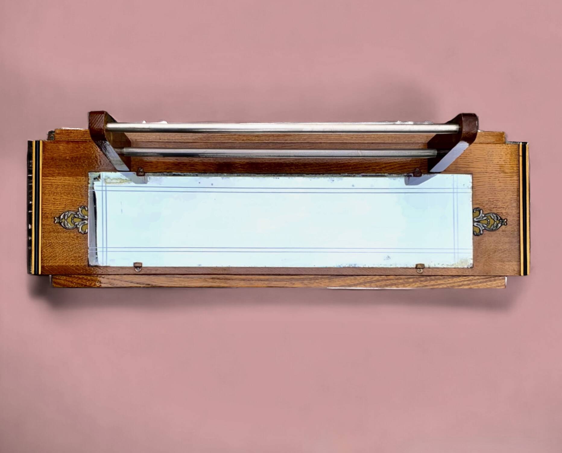 Art Deco wooden hat rack wall shelf with mirror