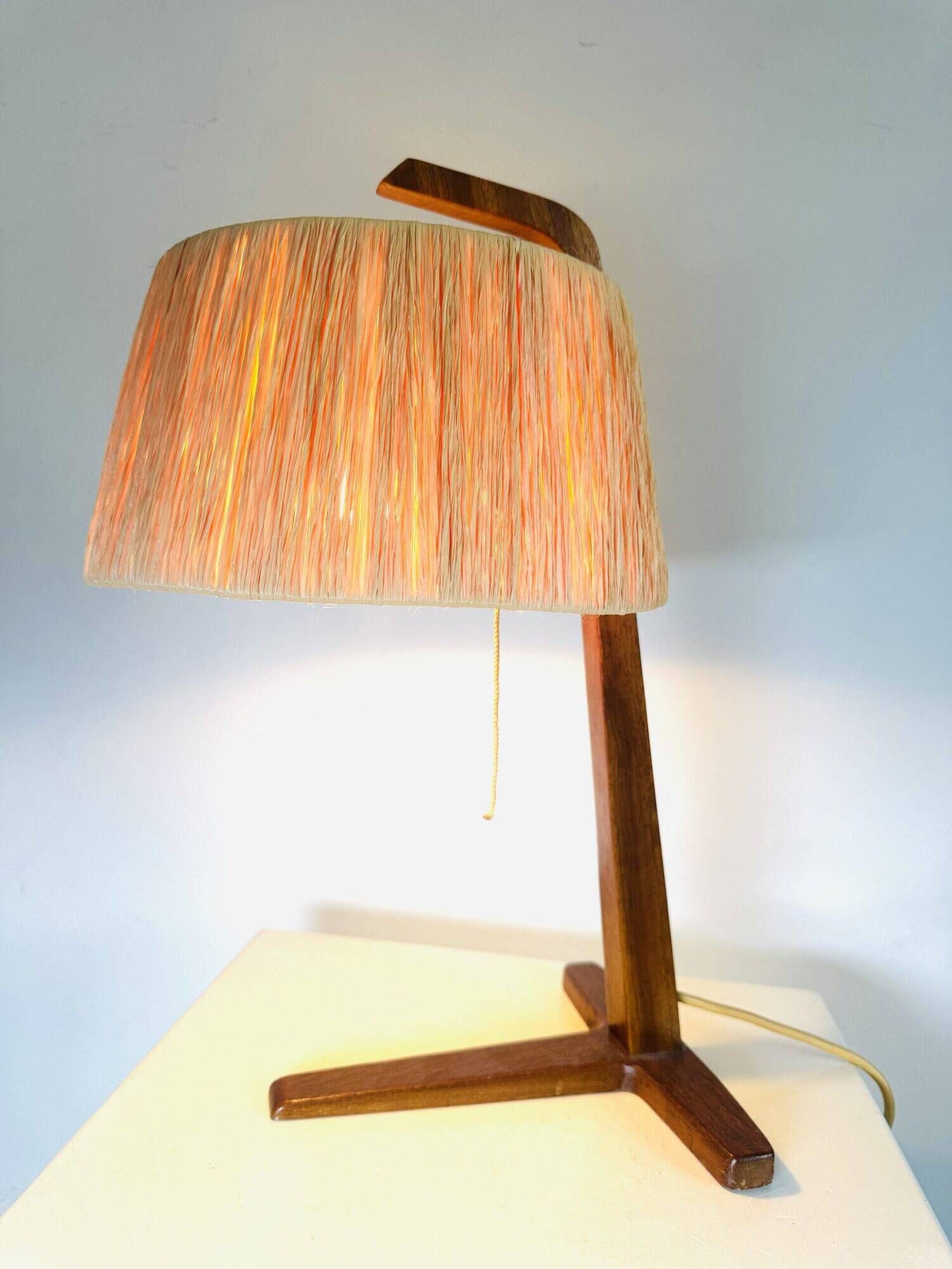 Natural Fibre & Teak Wood Table Lamp By Ib Fabiansen For Fog & Mørup, Denmark 1950S
