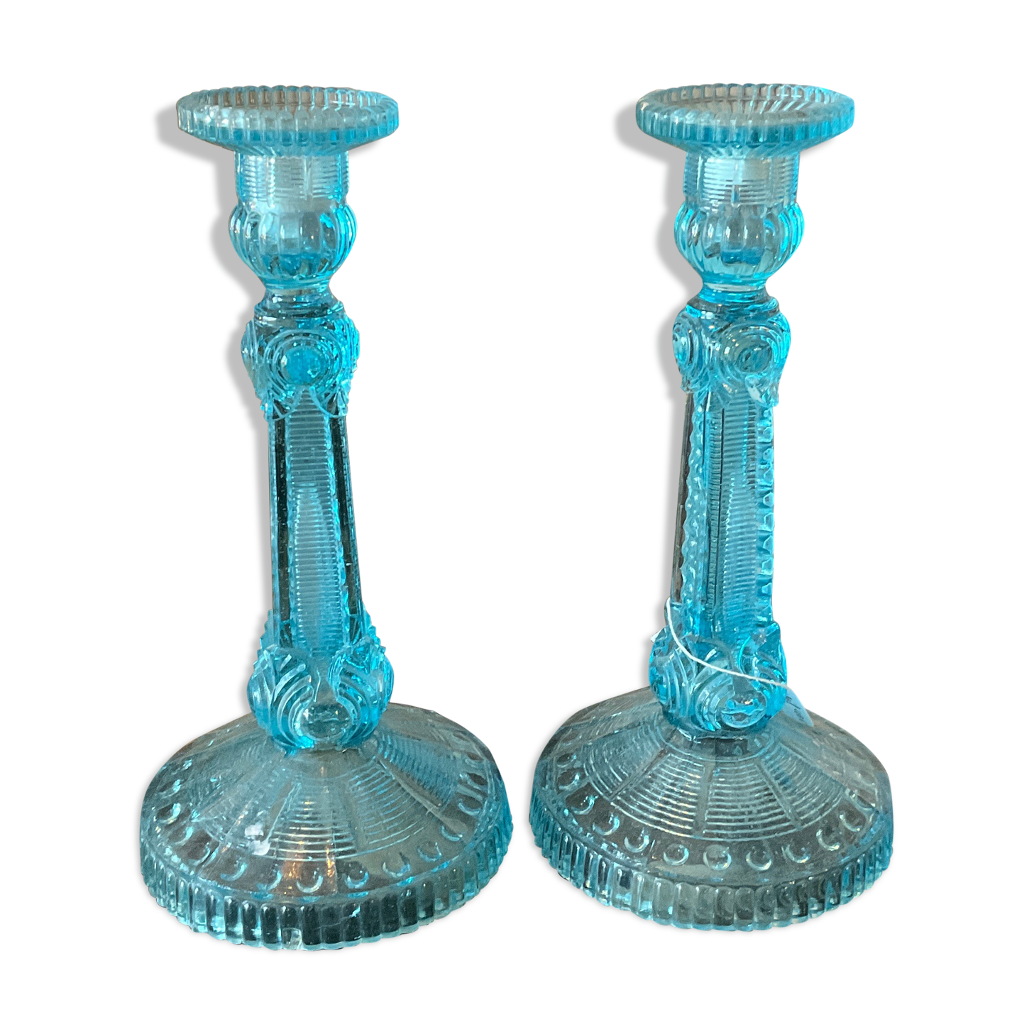 Pair blue glass candle holders.type Art Deco