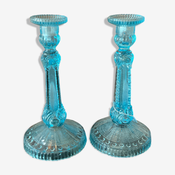 Pair blue glass candle holders.type Art Deco