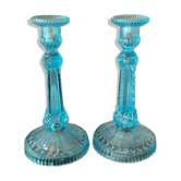 Paire bougeoirs verre bleu type art deco