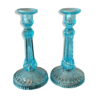 Pair blue glass candle holders.type Art Deco