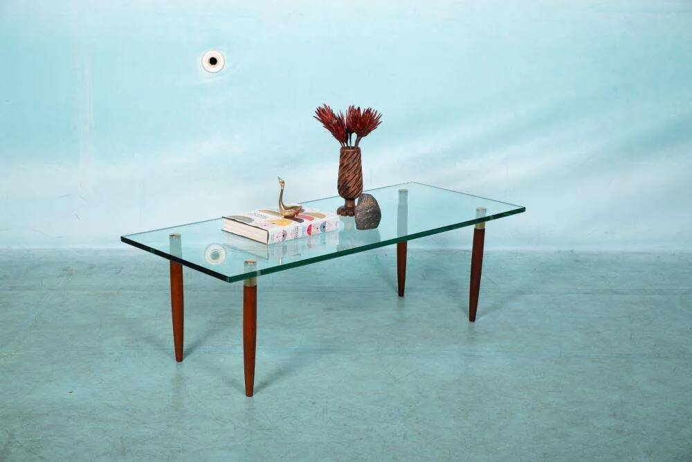 Vintage coffee table glass teak brass, mid-century coffee table.