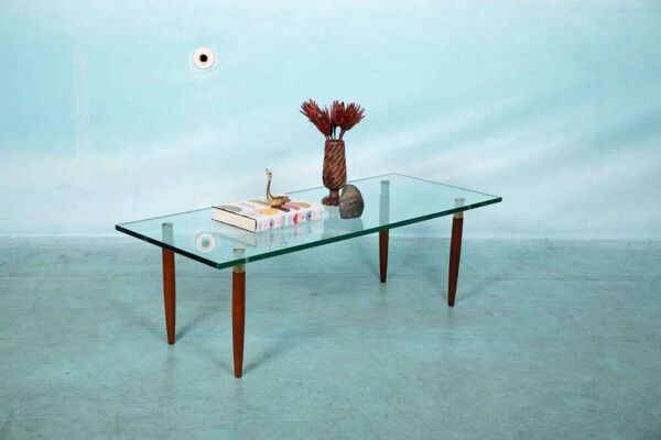Table basse vintage verre teck laiton, table basse midmod