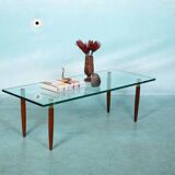 Vintage coffee table glass teak brass, mid-century coffee table.