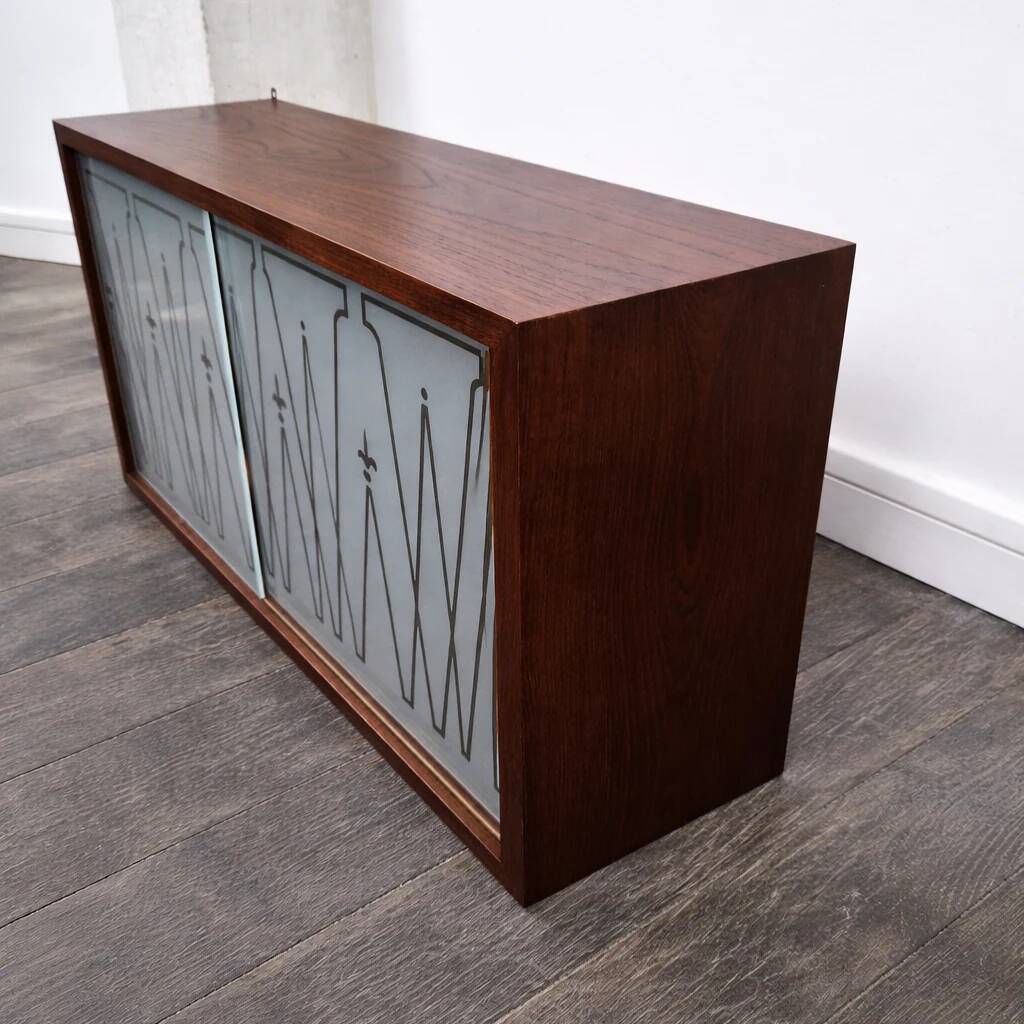 Small glass-fronted wall cabinet in teak with drawers, Denmark, 1960.
