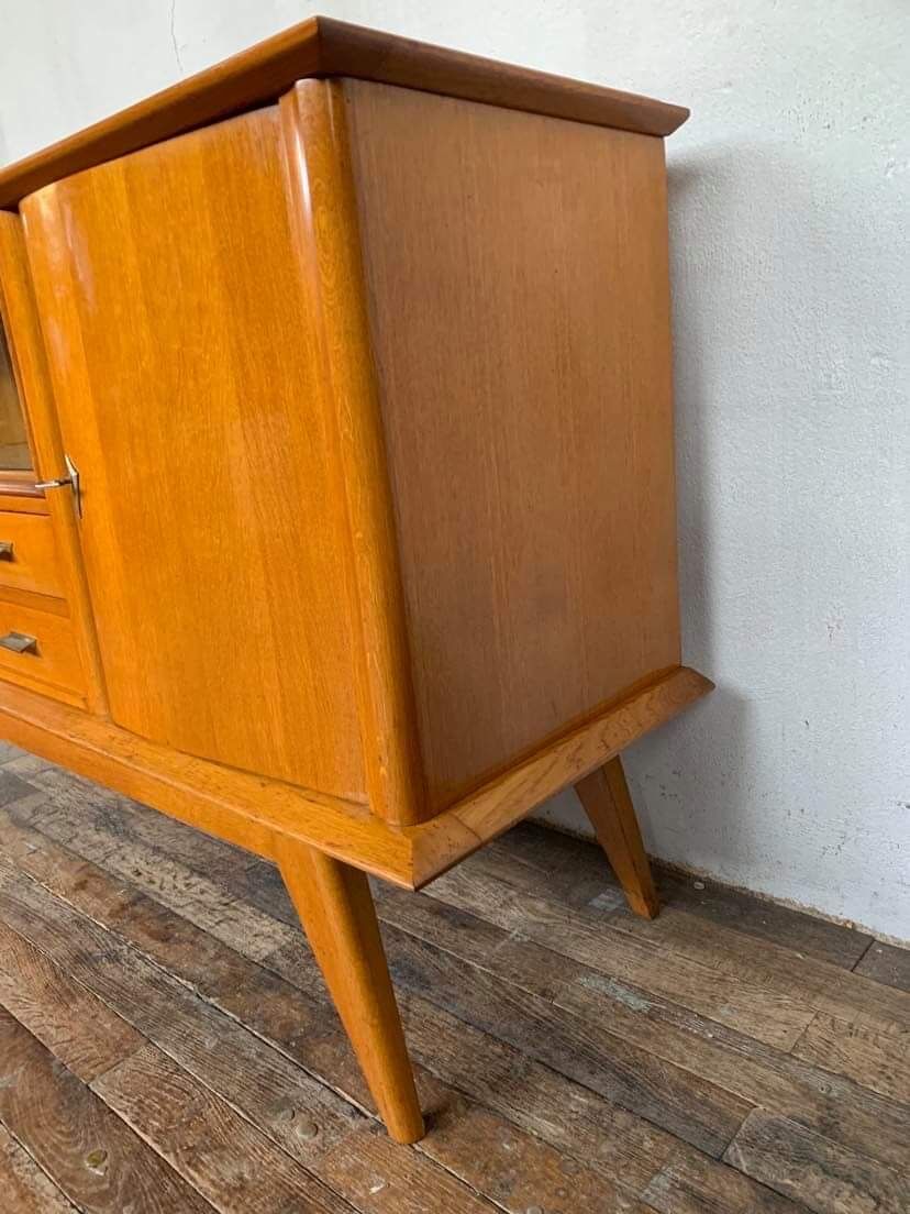 Enfilade moderniste en chêne longueur 197 vintage 1950 pieds compas