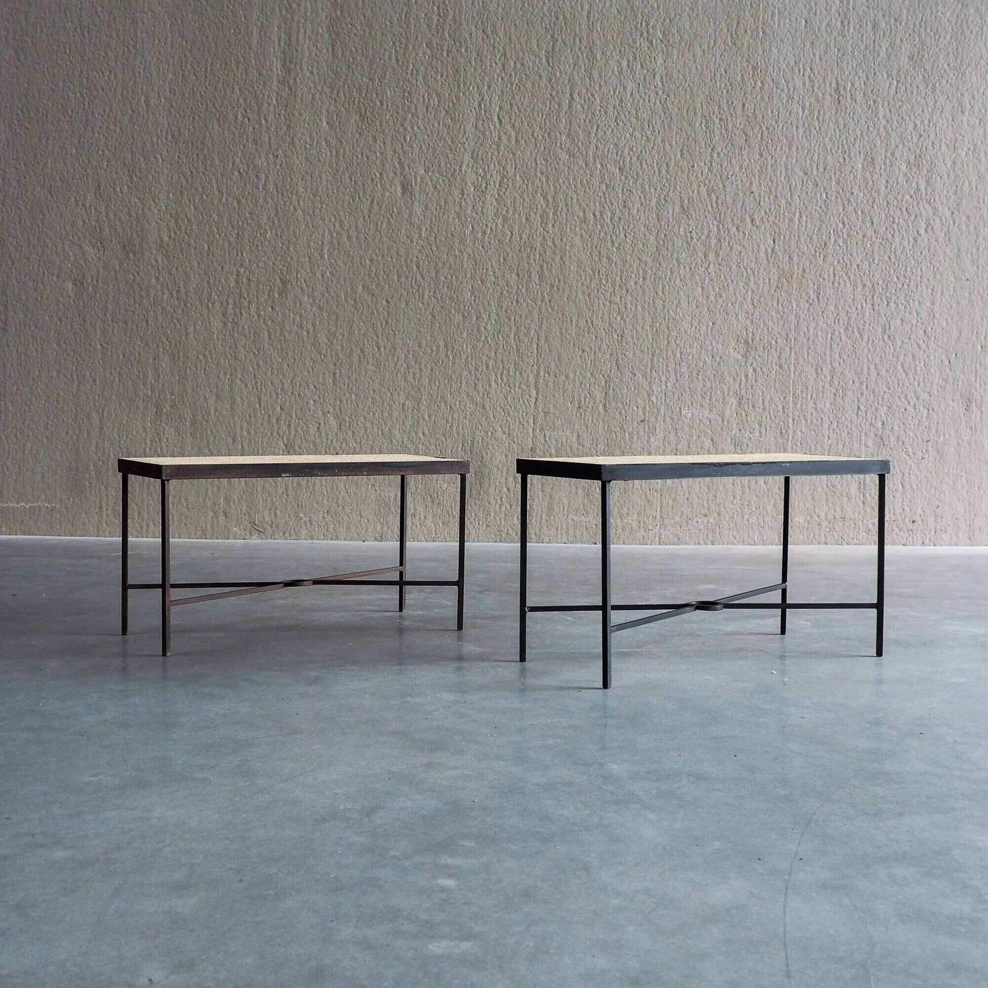 Set of 2 minimalist metal side tables with plaster-fiber tops