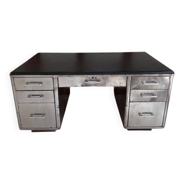 Bureau industriel vintage des années 50 – double caisson, 7 tiroirs, métal