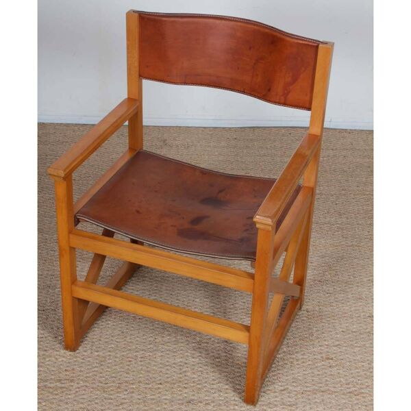 Fauteuil bridge vintage en bois massif et cuir, 1980