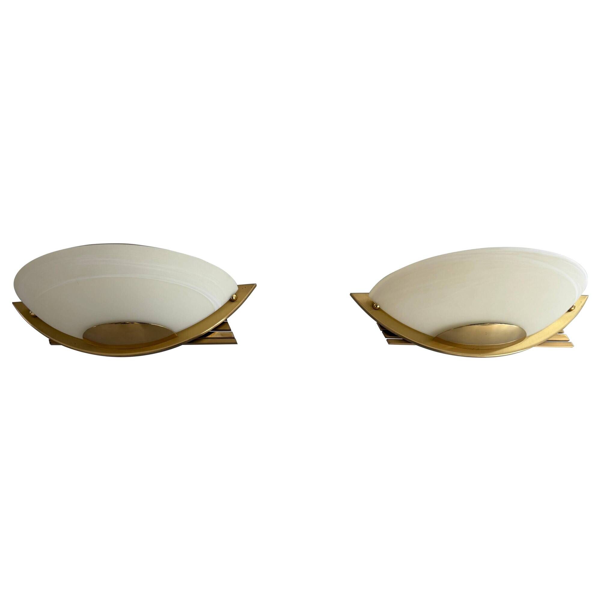 Pair of brass and glass wall lights from the Spage era, 1980, Germany.