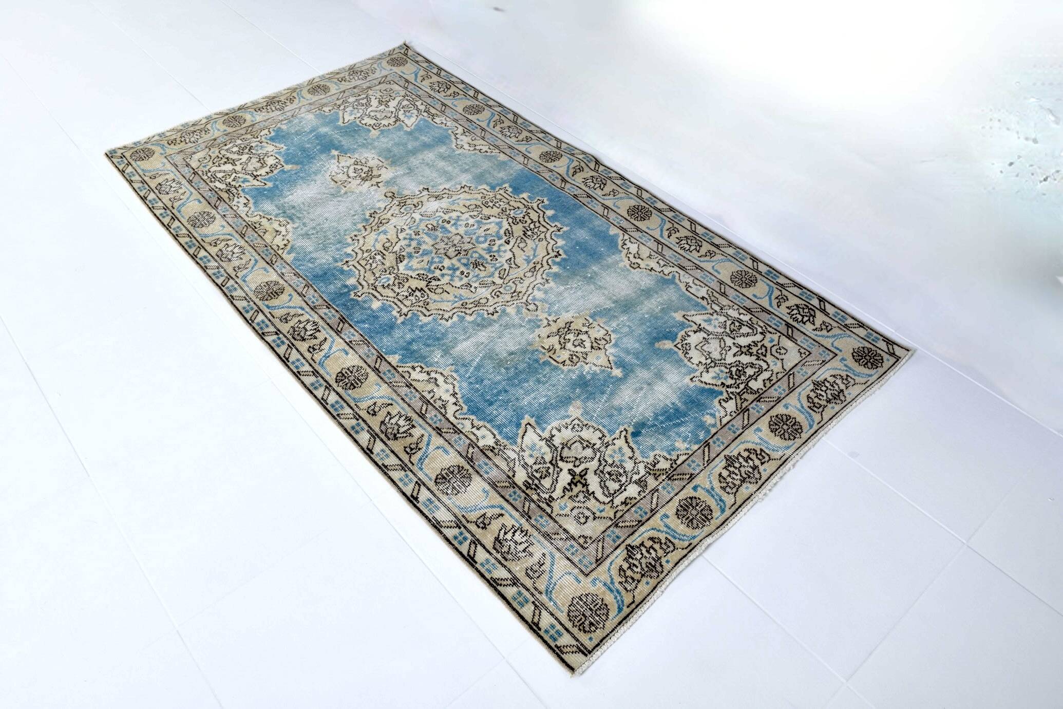 4x6 Sky Blue Orienta Classic Pattern Vintage Rug, 113x201Cm