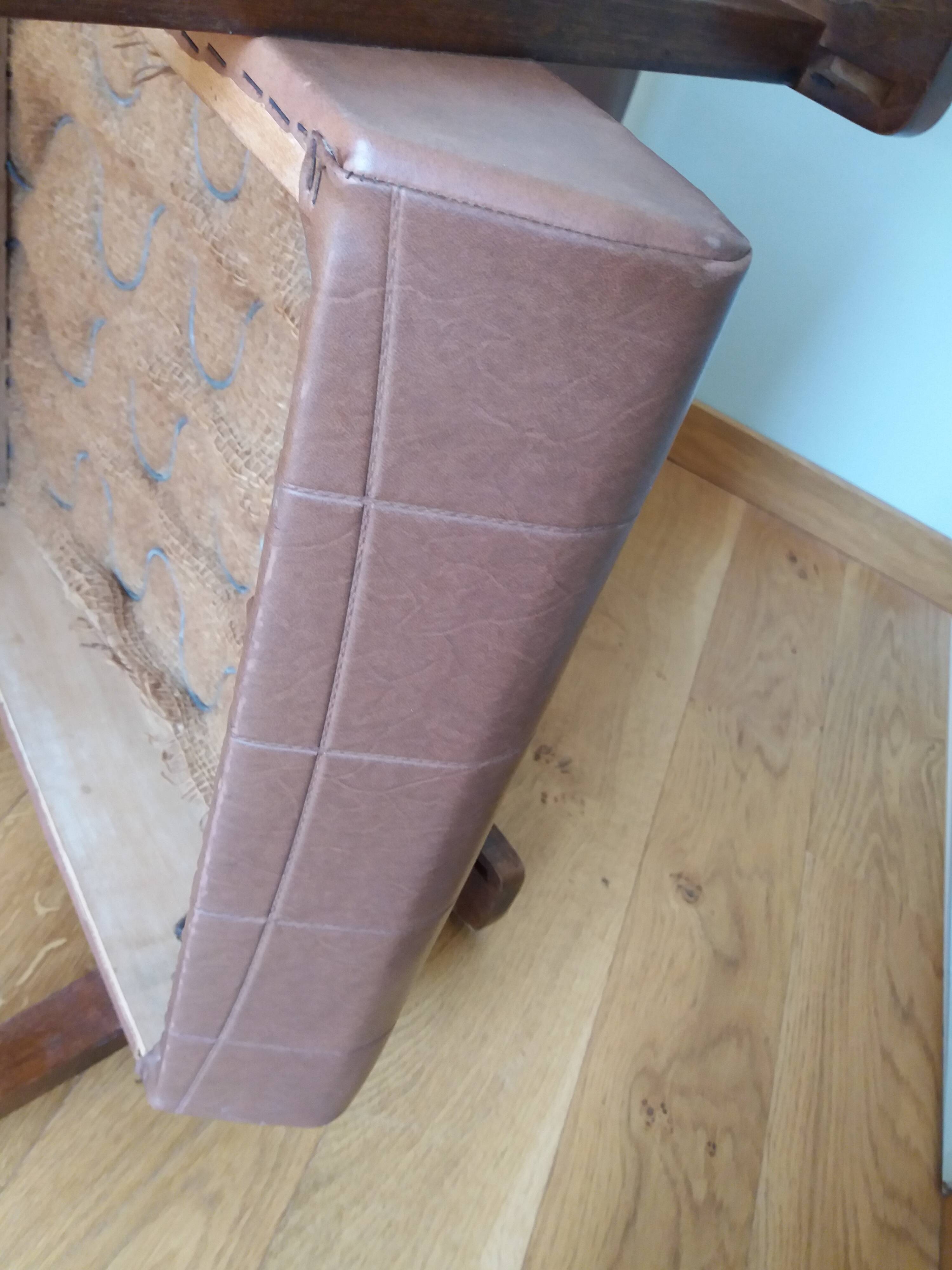 Scandinavian brown skai and wood armchair