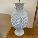 White lacquer pineapple lamp Hollywood regency with pink shade