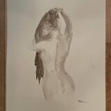 Tableau signé aquarelle monochrome sépia portrait féminin « la coiffure »