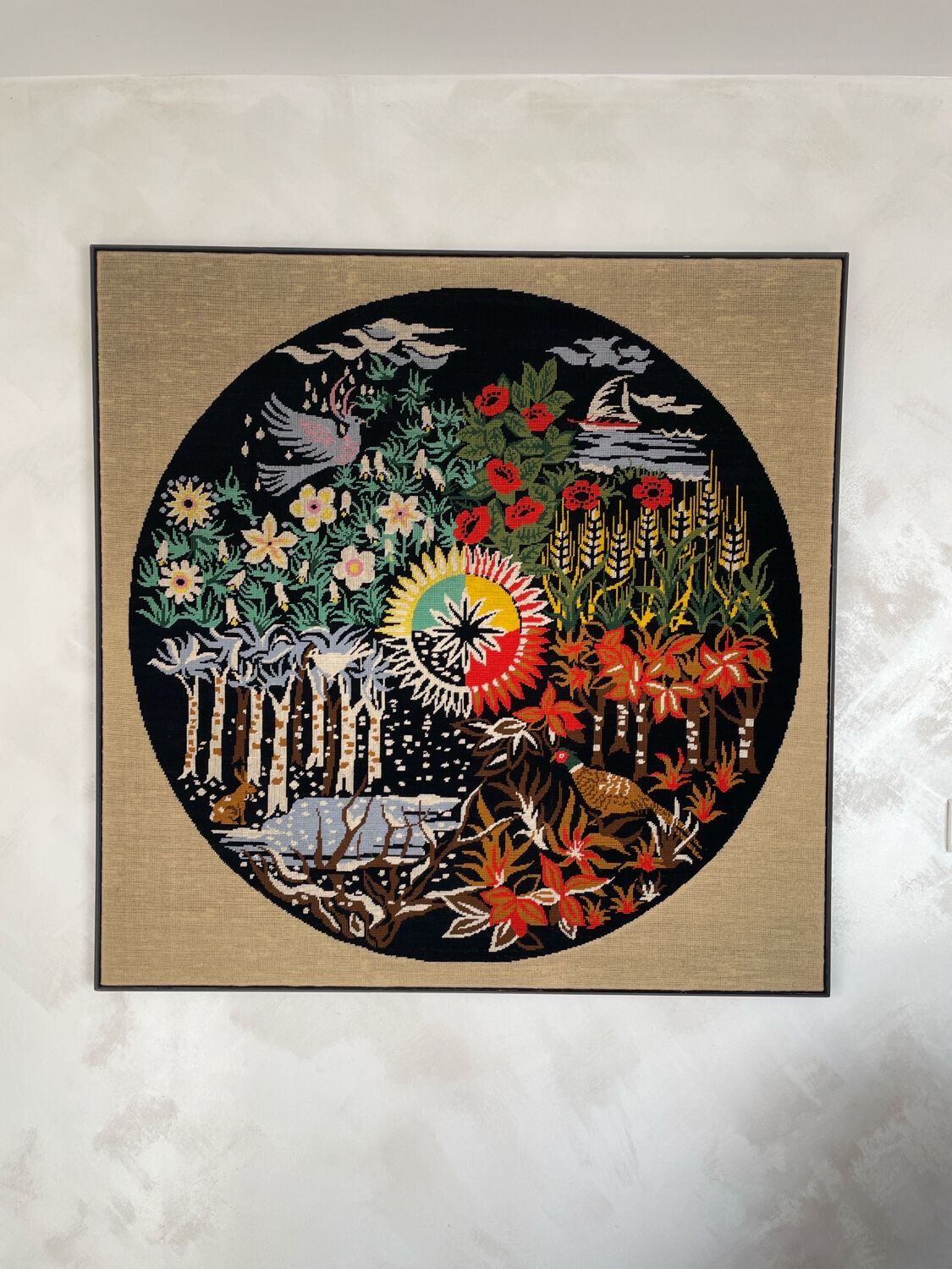 Vintage textile panel "The 4 Seasons", handcrafted tapestry dated 1