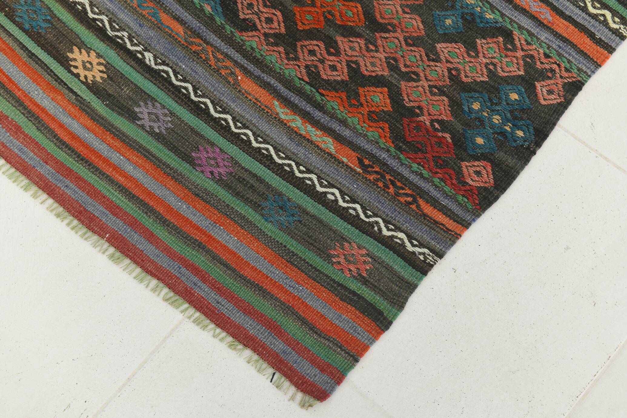 6x9 Blue & Green Striped Kilim Rug, 180x271Cm