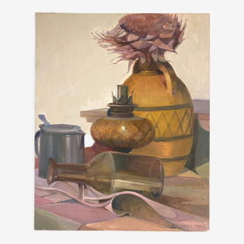 Still life with sunflower and kerosene lamp, acrylic on canvas cardboard signed "F.J. Hess"