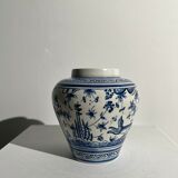 Blue and white Portuguese handmade vase with stylized pastoral pattern H:12,5cm