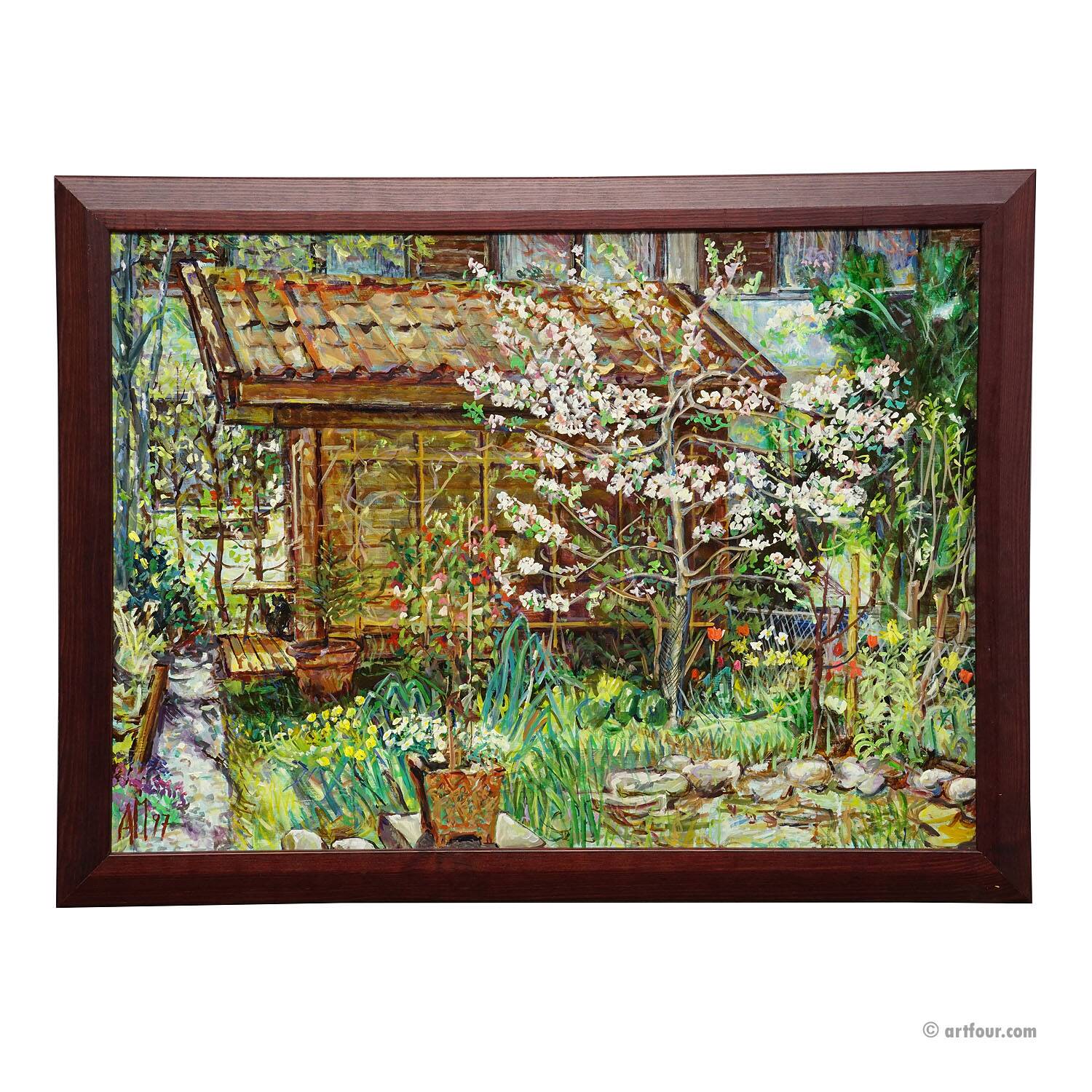 Garden with flowering apple tree – oil painting by Alexander Michael, 1997