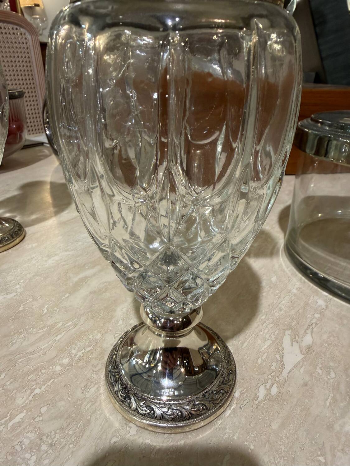 Silver-plated metal and crystal carafe