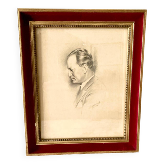 Tableau portrait homme dessin noir et blanc au crayon signé